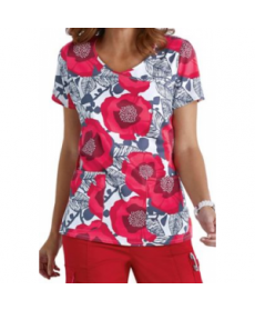 Beyond Scrubs Wild Flower red y-neck print scrub top - Wild Flower Red 