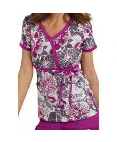 Beyond Scrubs Hibiscus Pewter tie wrap print scrub top - Hibiscus Purple/Pewter 