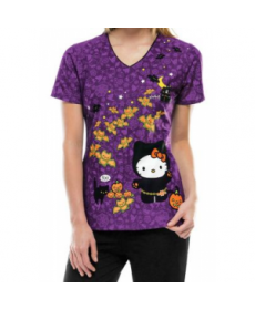 Cherokee Tooniforms Haunted Hello Kitty v-neck print scrub top - Haunted Hello Kitty 