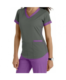 NrG by Barco 3 pocket contrast trim scrub top - Titanium/ Lotus 