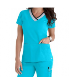 Greys Anatomy color block contrast 3 pocket scrub top - Turquoise/moonstruck/black 