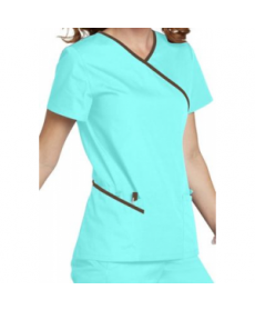 Urbane double pocket mock-wrap scrub top - Aqua/chestnut 