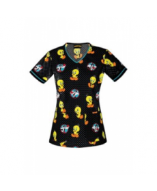 Cherokee Tooniforms Dots A Lot Of Tweety print scrub top - Dots A Lot Of Tweety 