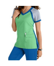 Greys Anatomy 3 pocket color block v-neck scrub top - Honey Dew/Royal/Moonstruck 