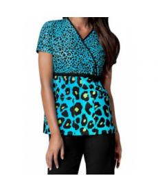 Cherokee Runway Spotted In Blue mock-wrap print scrub top potted In Blue 