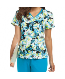 Landau Smart Stretch Vivid Blooms v-neck print scrub top - Vivid Blooms 