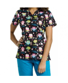 White Cross Aloha Owls v-neck print scrub top - Aloha Owls 