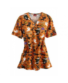 Dickies EDS A Purrfect Halloween v-neck scrub print top - A Purr-fect Halloween 