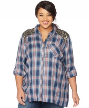 Wendy Bellissimo Maternity Plus Size Sequined Plaid Shirt
