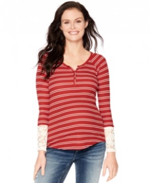 Wendy Bellissimo Maternity Lace-Sleeve Striped Henley Top