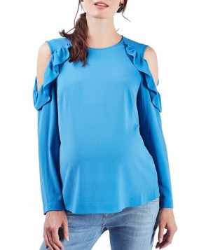 Topshop Ruffled Cold Shoulder Maternity Blouse- Blue