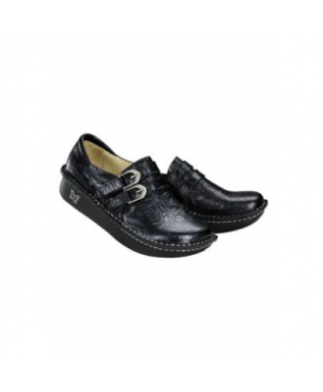 Alegria Rose Embossed Monk Strap womens nursing clog - Black/silver 