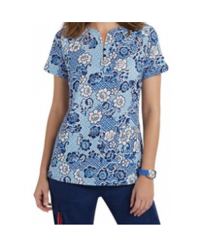 Beyond Scrubs Botanical Blues fashion split neck print scrub top - Botanical Blues 