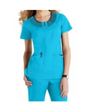 Greys Anatomy Active round neck mesh trim scrub top - Turquoise/black 