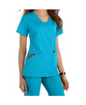 Greys Anatomy v-neck fashion pocket scrub top - Turquoise/leopard 