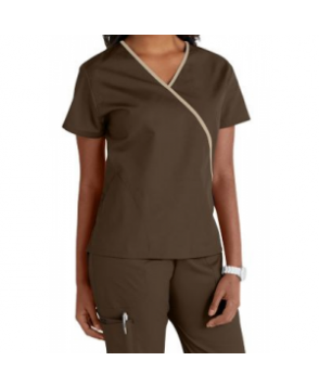 Cherokee Workwear contrast trim scrub top - Chocolate/Khaki 