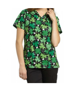 White Cross Lucky Shamrock print scrub top ucky Shamrock 