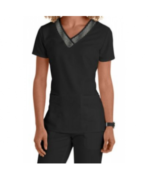 Greys Anatomy 3 pocket v-neck with printed grid trim scrub top - Black/Grid/Black 