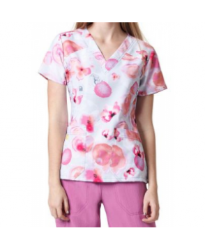 WonderWink Four-Stretch Pink Enough crossover print scrub top - Pink Enough 