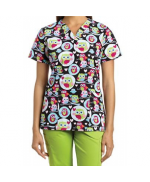 White Cross Owl My Love v-neck print scrub top - Owl My Love 