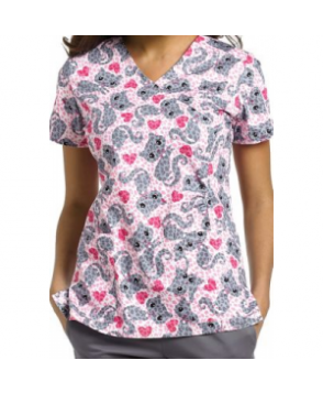 White Cross Wild Kitty mock wrap print scrub top - Wild Kitty 