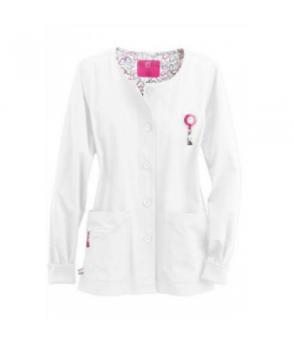 Life Is Peachy button front warm up scrub jacket - White - 3X