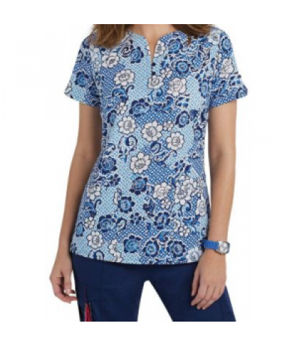 Beyond Scrubs Botanical Blues fashion split neck print scrub top - Botanical Blues - XL