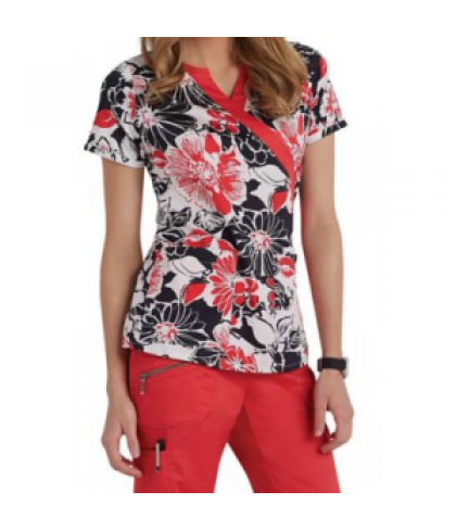 Beyond Scrubs Hibiscus Black mock wrap print scrub top - Hibiscus Black - XL