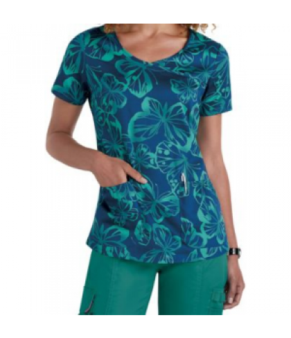 Beyond Scrubs Butterfly y-neck print scrub top - Butterfly Peacock - XS