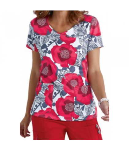 Beyond Scrubs Wild Flower red y-neck print scrub top - Wild Flower Red - S