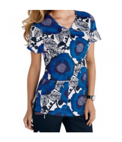 Beyond Scrubs Wild Flower royal y-neck print scrub top - Wild Flower Royal - XS