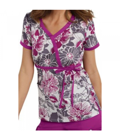 Beyond Scrubs Hibiscus Pewter tie wrap print scrub top - Hibiscus Purple/Pewter - L