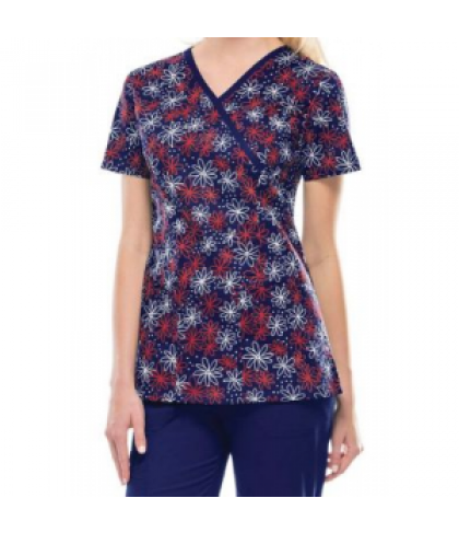 Cherokee Runway Doodle Daisies mock wrap print scrub top - Doodle Daisies - XS