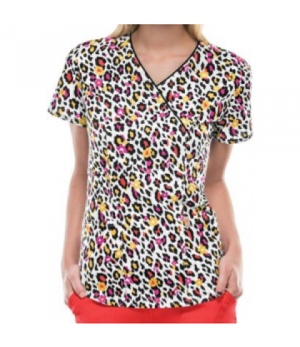 Code Happy Wild Cheetah crossover print scrub top with Certainty - Wild Cheetah - S