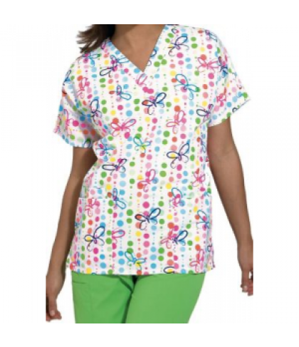 Cherokee Scrub HQ Butterfly Dots print v-neck scrub top - Butterfly Dots - M