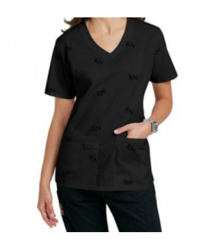 Cherokee ID Scrubs RN signature print scrub top - RN Black - 4X