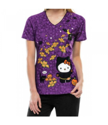 Cherokee Tooniforms Haunted Hello Kitty v-neck print scrub top - Haunted Hello Kitty - XS