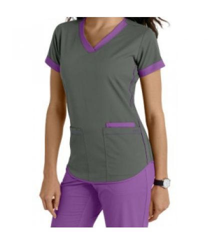 NrG by Barco 3 pocket contrast trim scrub top - Titanium/ Lotus - XL