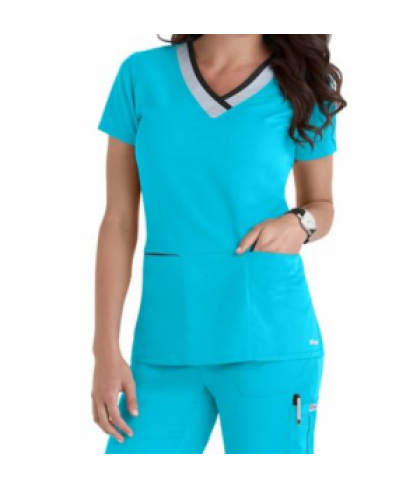 Greys Anatomy color block contrast 3 pocket scrub top - Turquoise/moonstruck/black - S