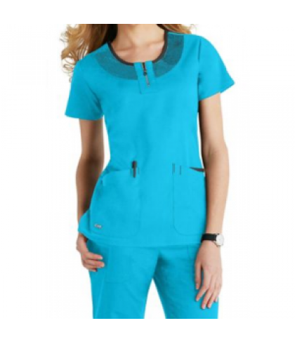 Greys Anatomy Active round neck mesh trim scrub top - Turquoise/black - XS