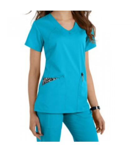 Greys Anatomy v-neck fashion pocket scrub top - Turquoise/leopard - XS