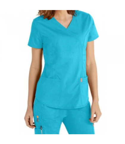 Code Happy Bliss mock wrap scrub top with Certainty - Turquoise - XXS