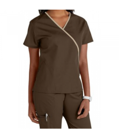 Cherokee Workwear contrast trim scrub top - Chocolate/Khaki - L