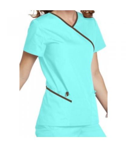 Urbane double pocket mock-wrap scrub top - Aqua/chestnut - M