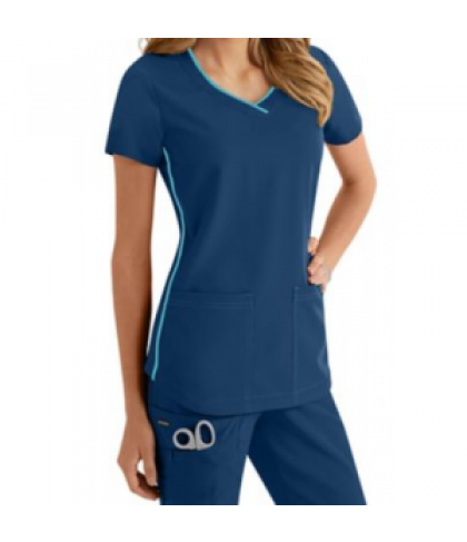 Jockey contrast piped trim scrub top - New Navy/Teal - XXS