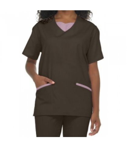 Natural Uniforms tunic solid two piece scrub set - Chocolate/pink - XL