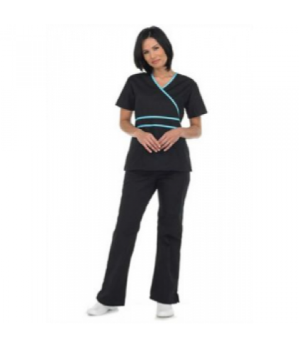 Natural Uniforms mock-wrap two piece scrub set - Black/water blue - L