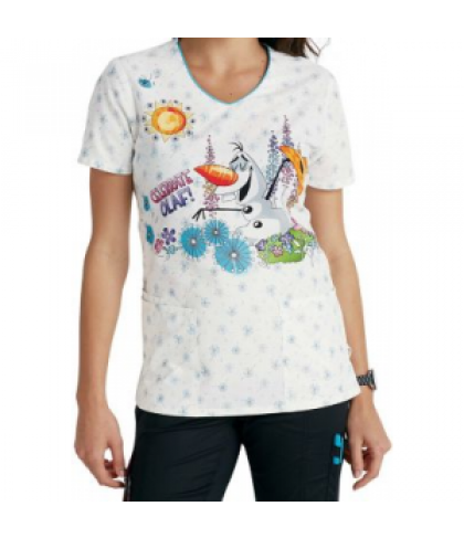 Cherokee Tooniforms Celebrate Olaf print scrub top - Celebrate Olaf - M