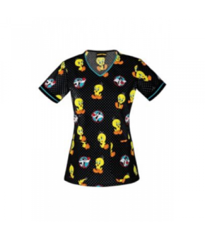 Cherokee Tooniforms Dots A Lot Of Tweety print scrub top - Dots A Lot Of Tweety - S