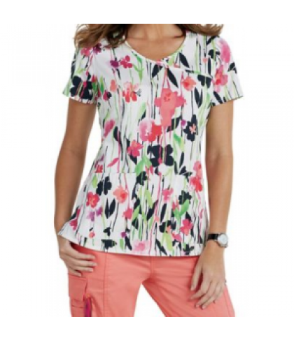 Beyond Scrubs Garden Party y-neck print scrub top - Garden Party Coral - L